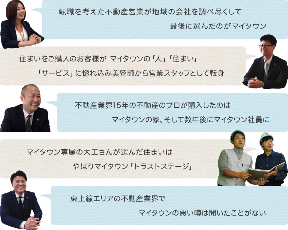 転職を考えた不動産営業が地域の会社を調べ尽くして最後に選んだのがマイタウン 住まいをご購入のお客様がマイタウンの「人」「住まい」「サービス」に惚れ込み美容師から営業スタッフとして転身 不動産業界15年の不動産のプロが購入したのはマイタウンの家、そして数年後にマイタウン社員に マイタウン専属の大工さんが選んだ住まいはやはりマイタウン「トラストステージ」 東上線エリアの不動産業界でマイタウンの悪い噂は聞いたことがない